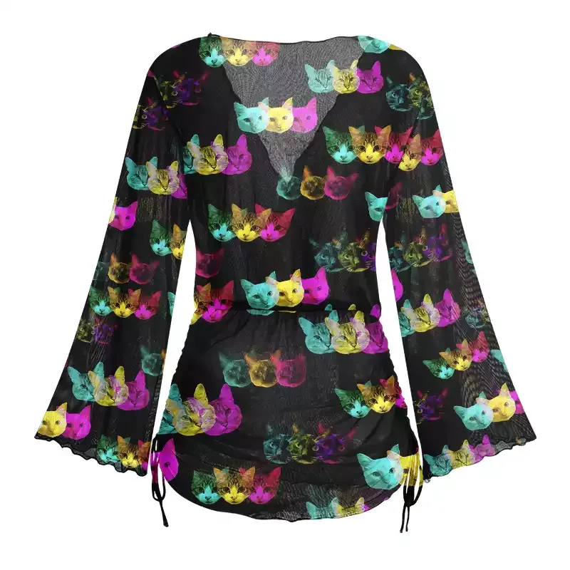Soulisfree Glitch Art Neon Cat Sheer Mesh Cover Up