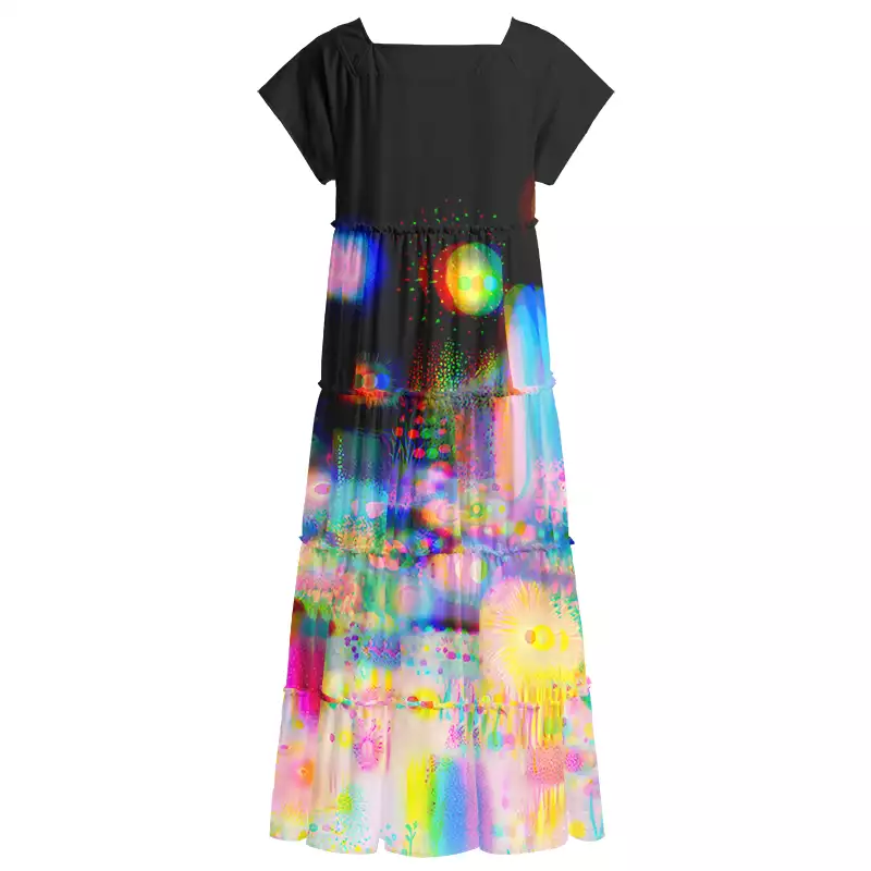 Soulisfree Psychedelic Rainbow Bokeh Night Square Neck Maxi Dress