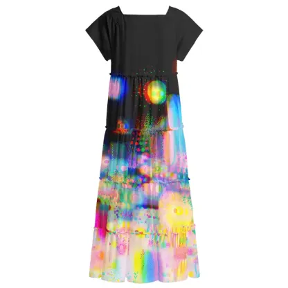 Soulisfree Psychedelic Rainbow Bokeh Night Square Neck Maxi Dress