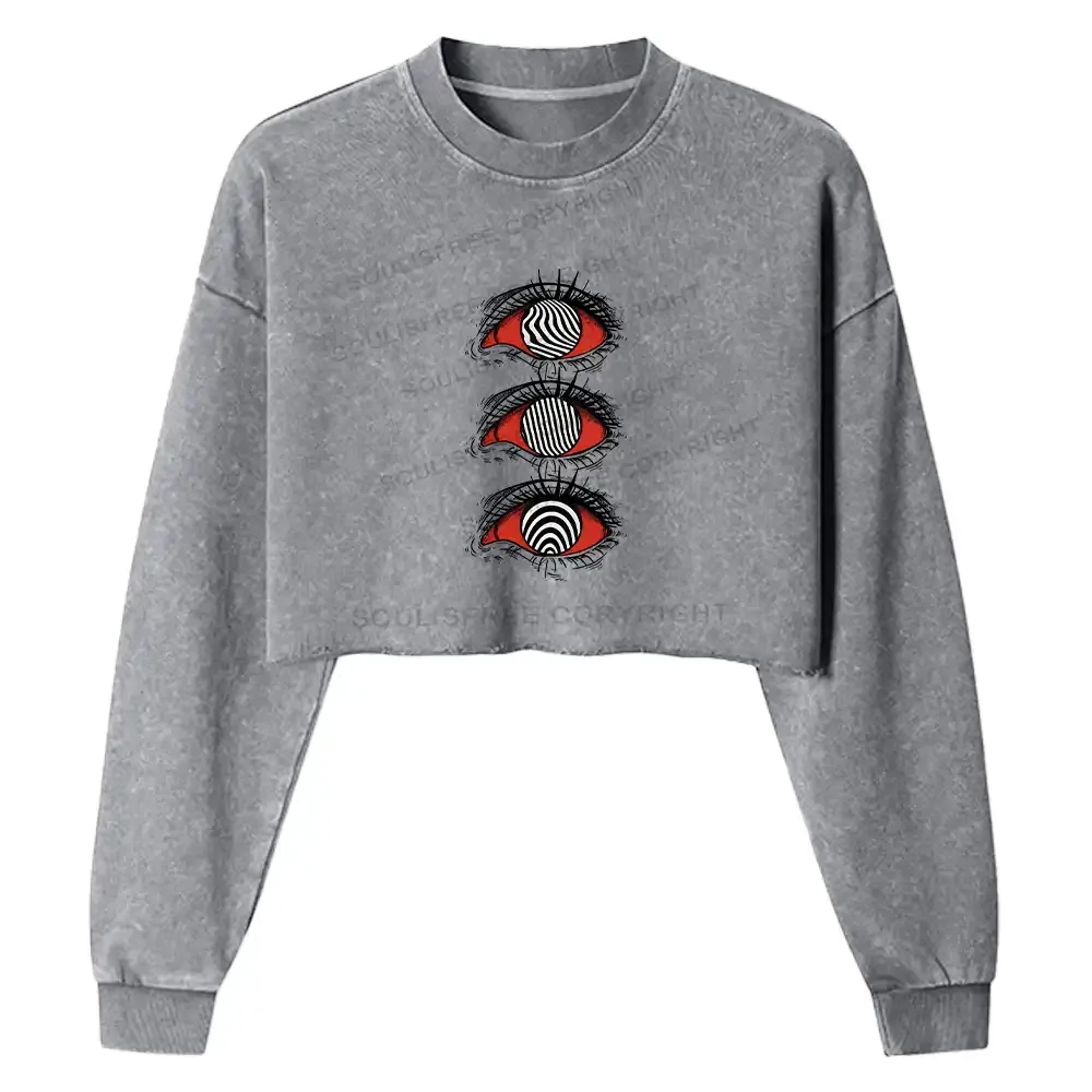 Designed Psychedelic Eye Washed Cropped Sweatshirt
