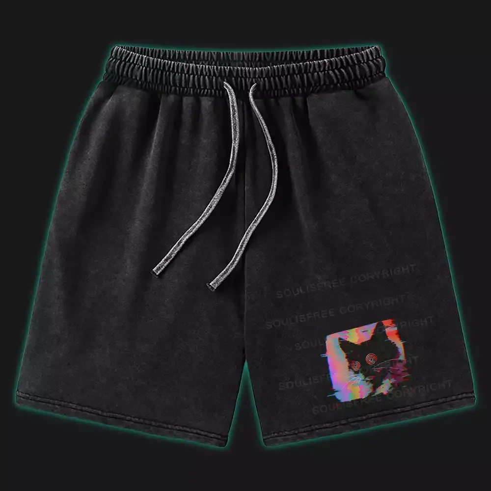 Designed Glitch Cat Washed Shorts