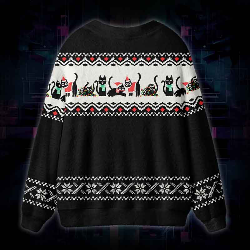 Soulisfree Christmas Black Cat Fuzzy Cardigan Sweater