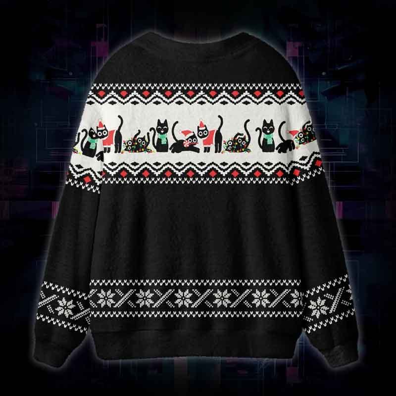 Soulisfree Christmas Black Cat Fuzzy Cardigan Sweater