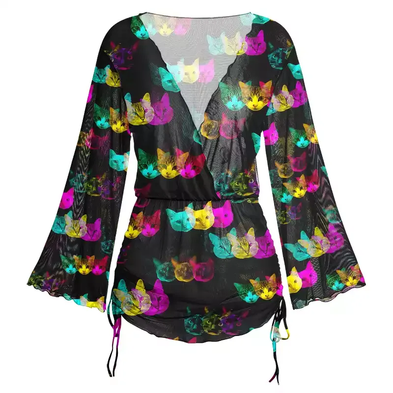 Soulisfree Glitch Art Neon Cat Sheer Mesh Cover Up
