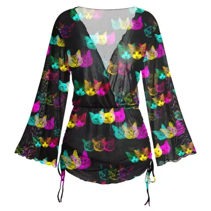 Soulisfree Glitch Art Neon Cat Sheer Mesh Cover Up