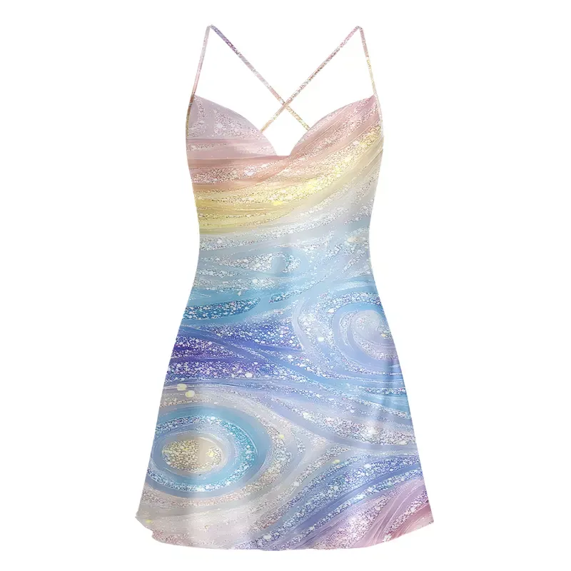 Soulisfree Glittery Rainbow Ombre Swirl Cowl Neck Satin Mini Dress