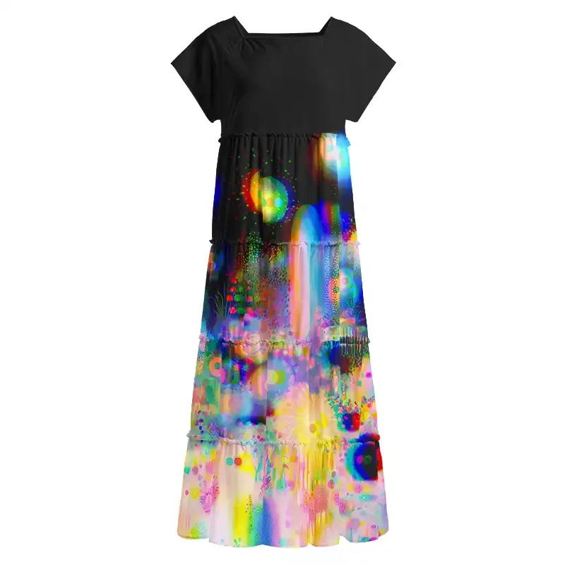 Soulisfree Psychedelic Rainbow Bokeh Night Square Neck Maxi Dress