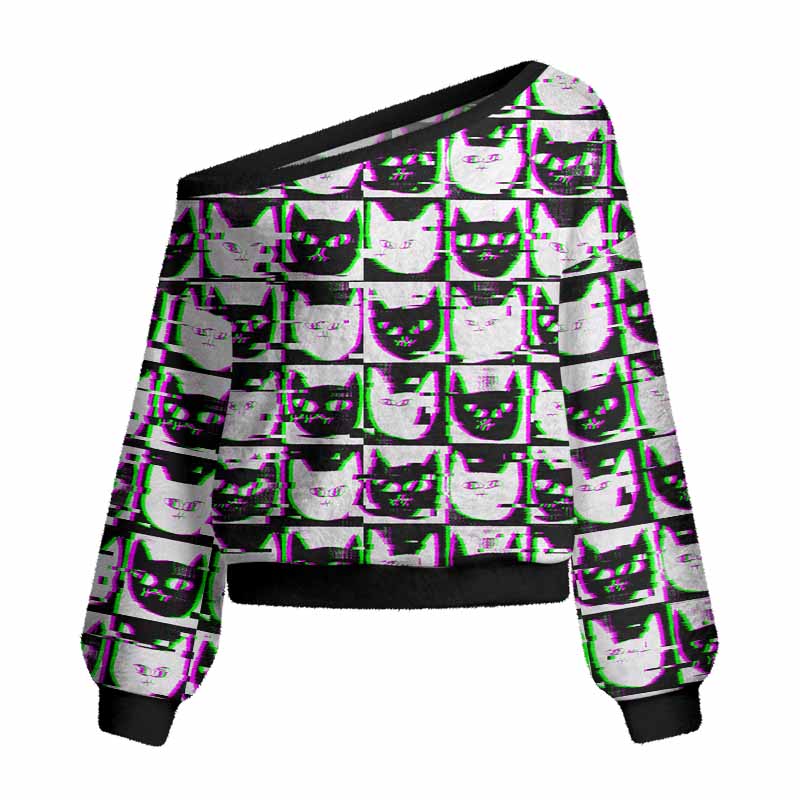 Soulisfree Neon Glitch Cat Women's Fuzzy Crewneck Sweater