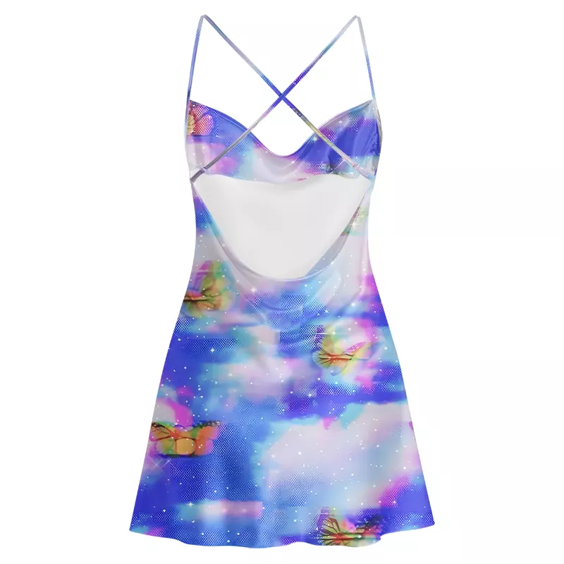 Soulisfree Dreamy Pastel Sky & Butterfly  Cowl Neck Satin Mini Dress
