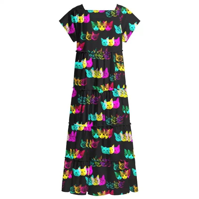 Soulisfree Glitch Art Neon Cat Square Neck Maxi Dress