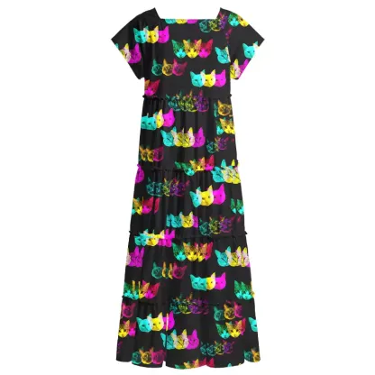 Soulisfree Glitch Art Neon Cat Square Neck Maxi Dress