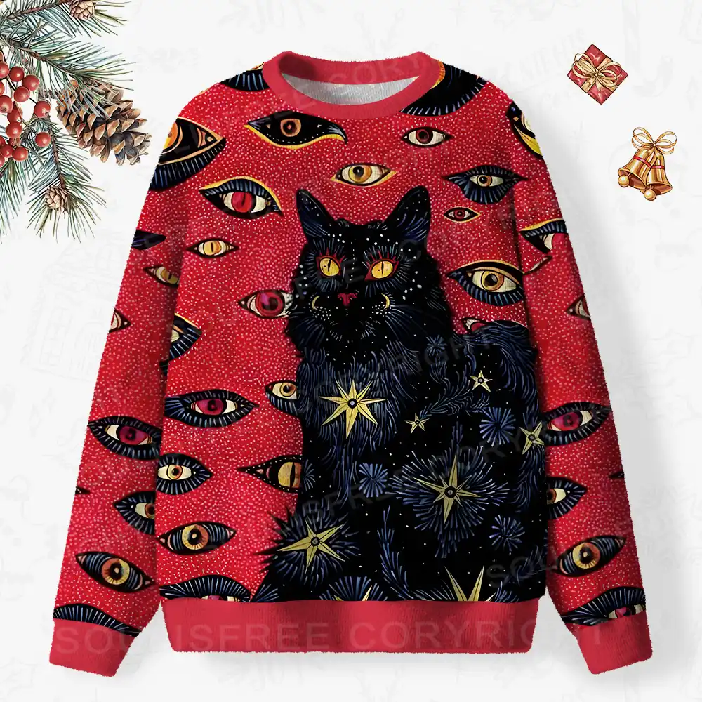 Cosmic Watcher Cat Ugly Christmas Knit Sweatshirt