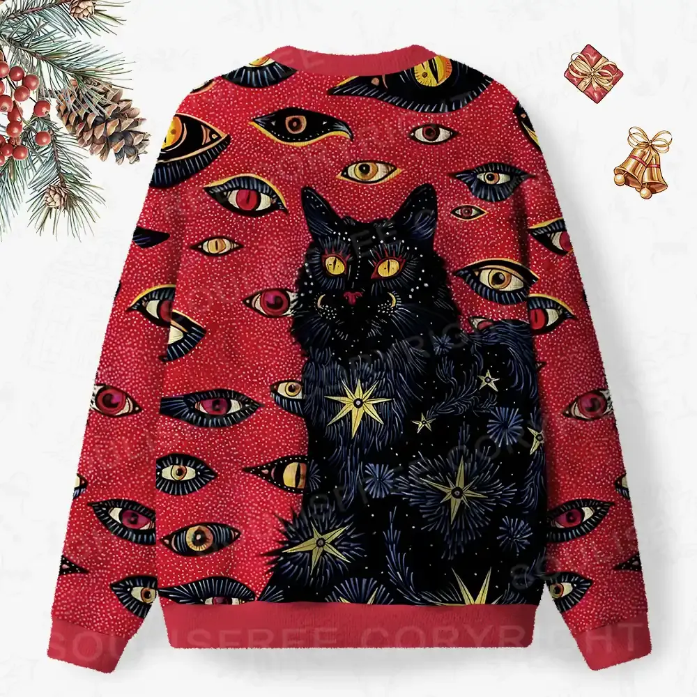 Cosmic Watcher Cat Ugly Christmas Knit Sweatshirt