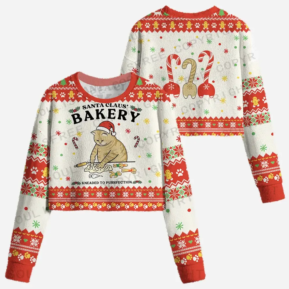 Bakery Cat Cropped Ugly Christmas Sweater