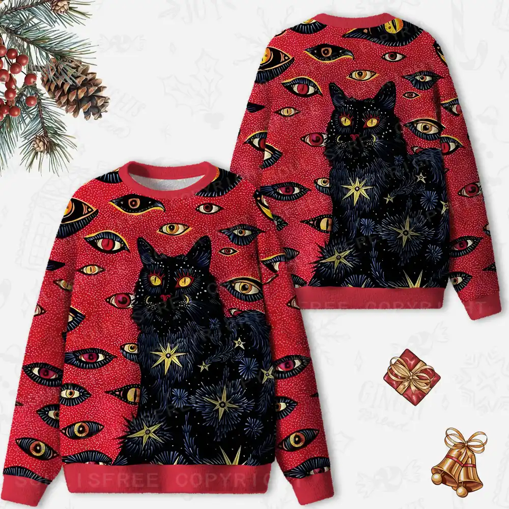 Cosmic Watcher Cat Ugly Christmas Knit Sweatshirt