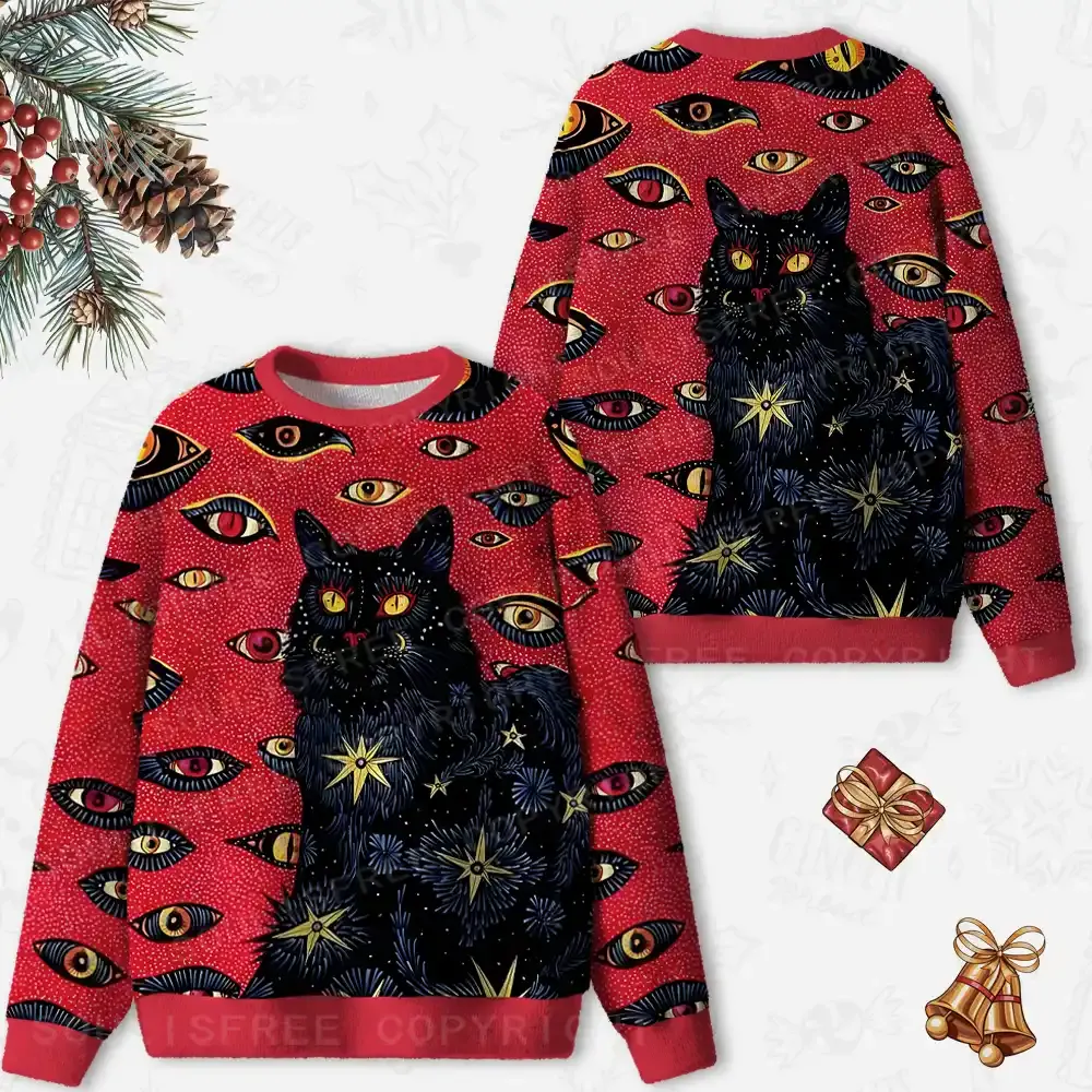 Cosmic Watcher Cat Ugly Christmas Knit Sweatshirt