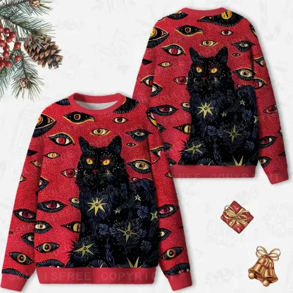 Cosmic Watcher Cat Ugly Christmas Knit Sweatshirt