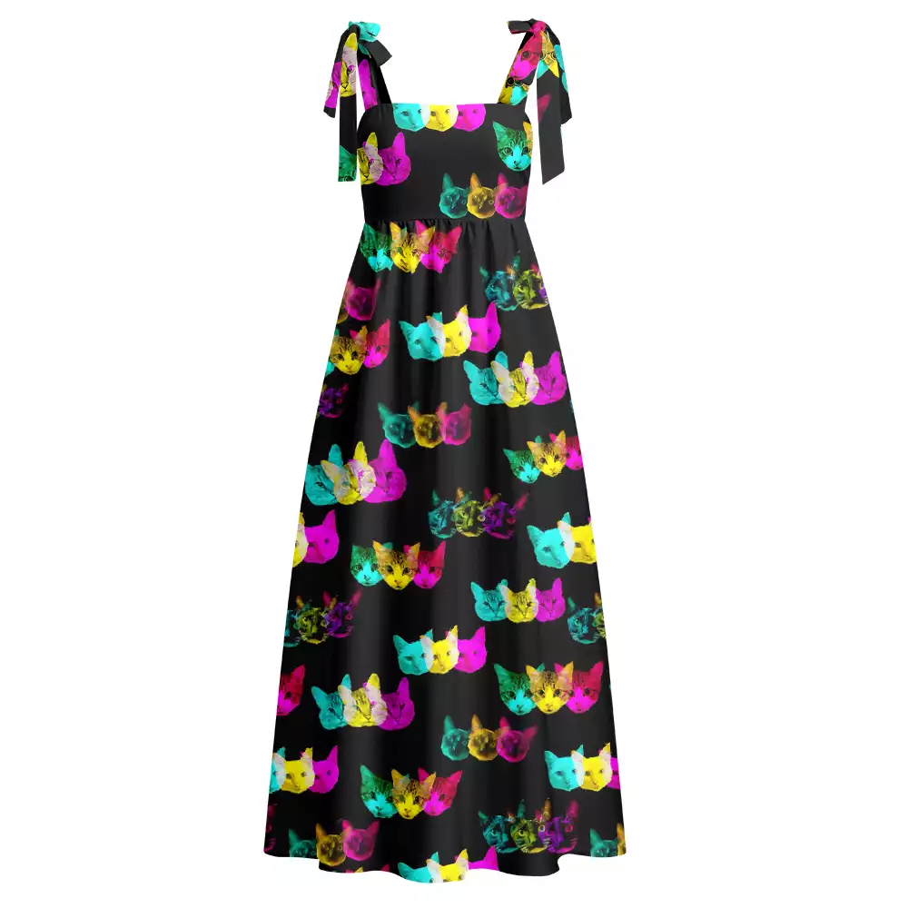 Soulisfree Glitch Art Neon Cat Walk Maxi Dress – Bow Strap