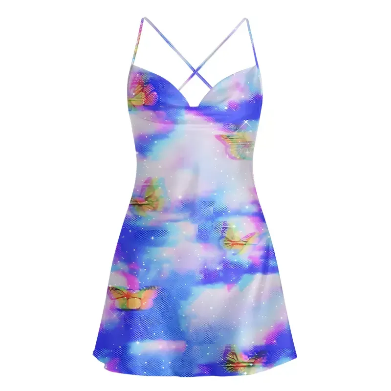 Soulisfree Dreamy Pastel Sky & Butterfly Cowl Neck Satin Mini Dress