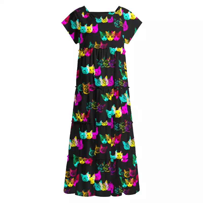 Soulisfree Glitch Art Neon Cat Square Neck Maxi Dress