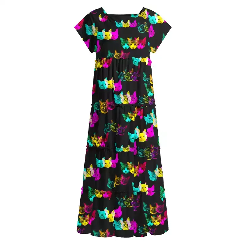 Soulisfree Glitch Art Neon Cat Square Neck Maxi Dress