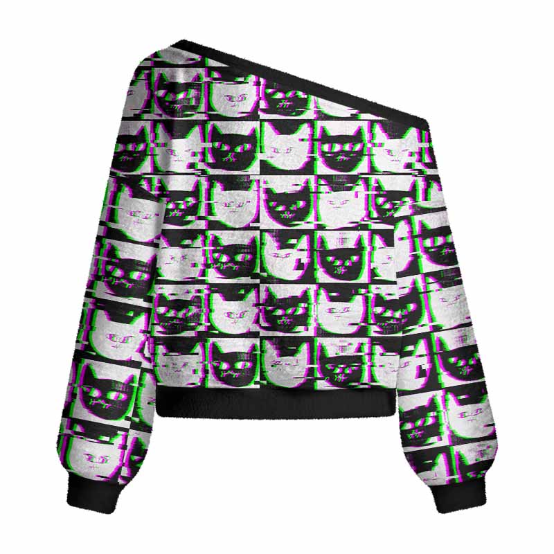 Soulisfree Neon Glitch Cat Women's Fuzzy Crewneck Sweater