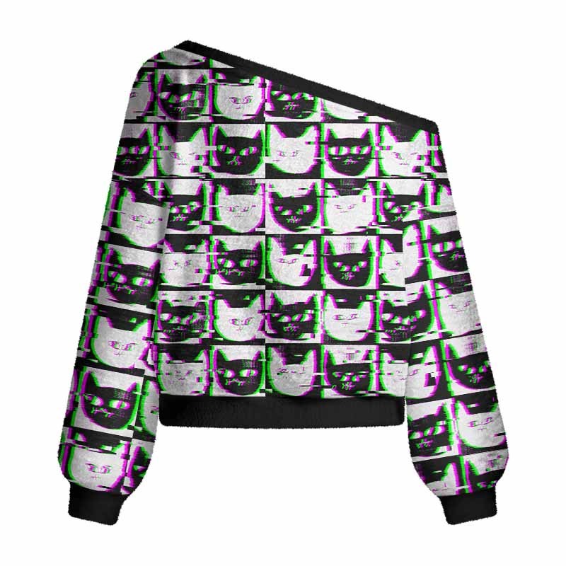 Soulisfree Neon Glitch Cat Women's Fuzzy Crewneck Sweater