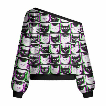Soulisfree Neon Glitch Cat Women's Fuzzy Crewneck Sweater