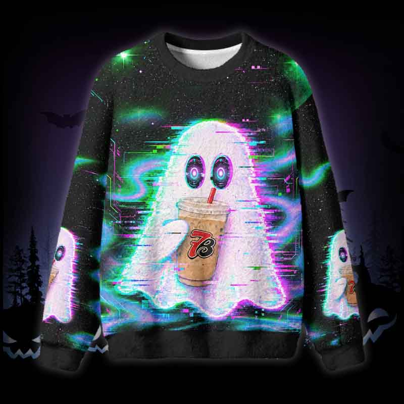 Soulisfree Cyber Glitch Coffee Ghost Fuzzy Crewneck Sweater