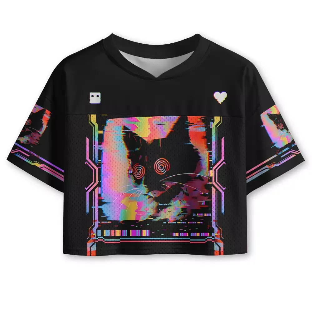 Designed Soulisfree Glitchy Cat Vibes Optic Lines Illusion Cropped Jersey | Soulisfree