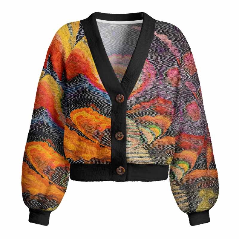 Soulisfree Chromatic Wave Abstraction Women's Fuzzy Cardigan Sweater