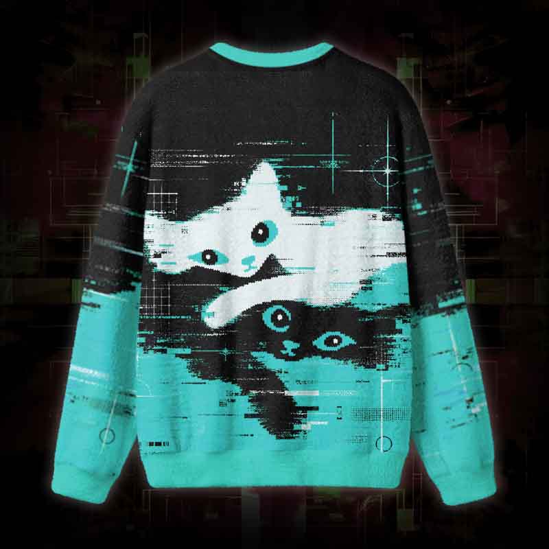Soulisfree Glitch Cats Fuzzy Crewneck Sweater