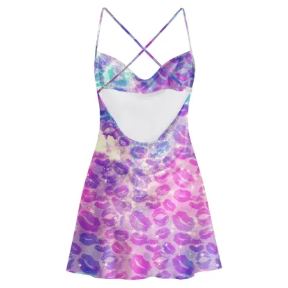 Soulisfree Cosmic Sparkle Lip Kiss Cowl Neck Satin Mini Dress