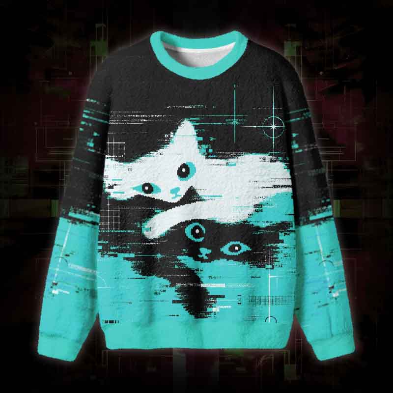 Soulisfree Glitch Cats Fuzzy Crewneck Sweater