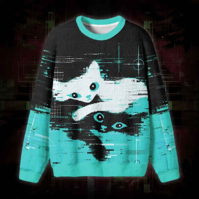 Soulisfree Glitch Cats Fuzzy Crewneck Sweater