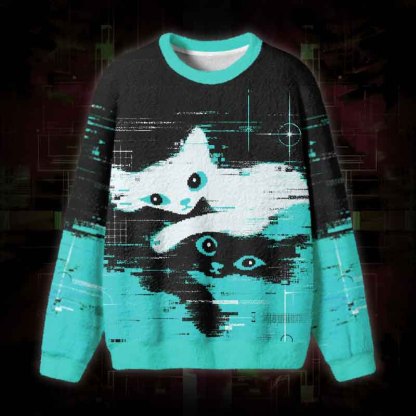 Soulisfree Glitch Cats Fuzzy Crewneck Sweater