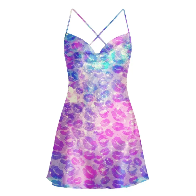 Soulisfree Cosmic Sparkle Lip Kiss Cowl Neck Satin Mini Dress