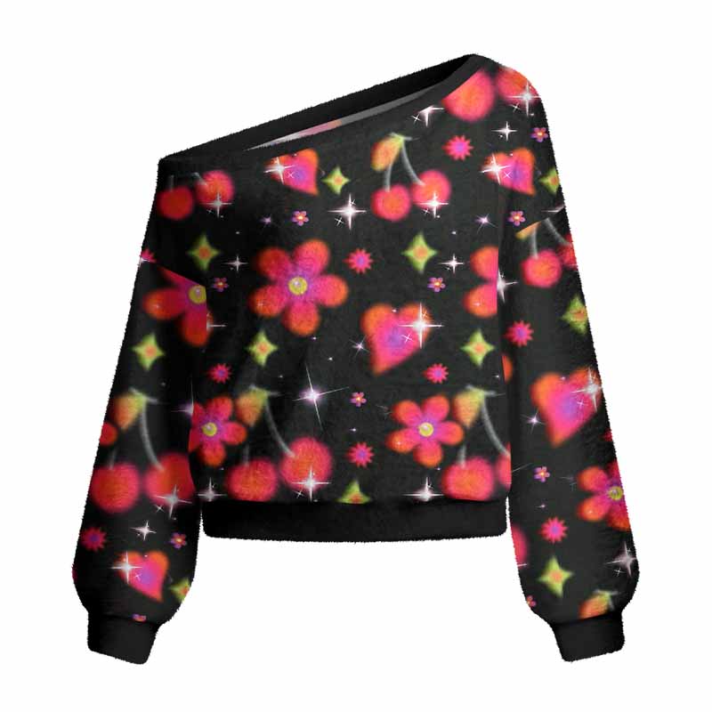 Soulisfree Stardust Love Garden  Fuzzy Off-Shoulder Sweater