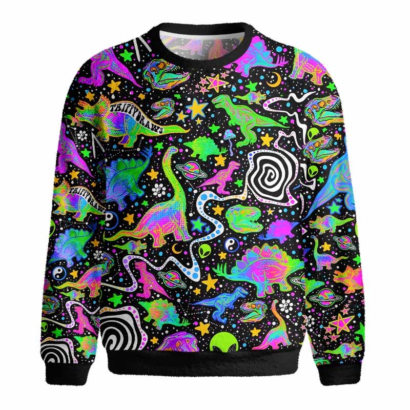 Soulisfree Cosmic Dino Trip Fuzzy Crewneck Sweater