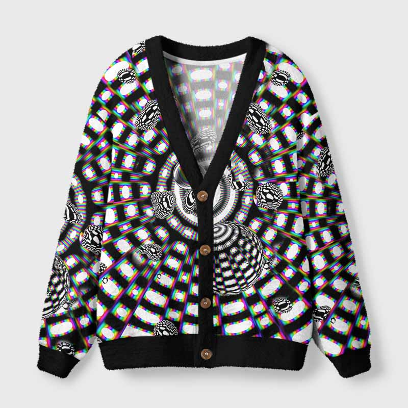 Soulisfree Holographic Tunnel Vision Spheres Fuzzy Cardigan Sweater 
