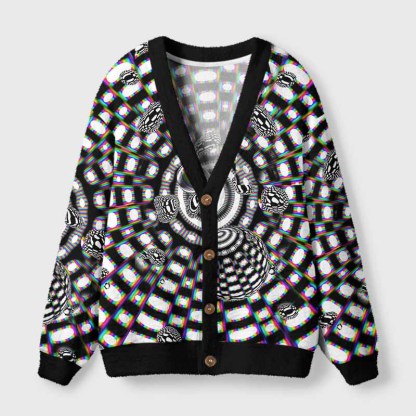 Soulisfree Holographic Tunnel Vision Spheres Fuzzy Cardigan Sweater 