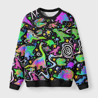 Soulisfree Cosmic Dino Trip Fuzzy Crewneck Sweater