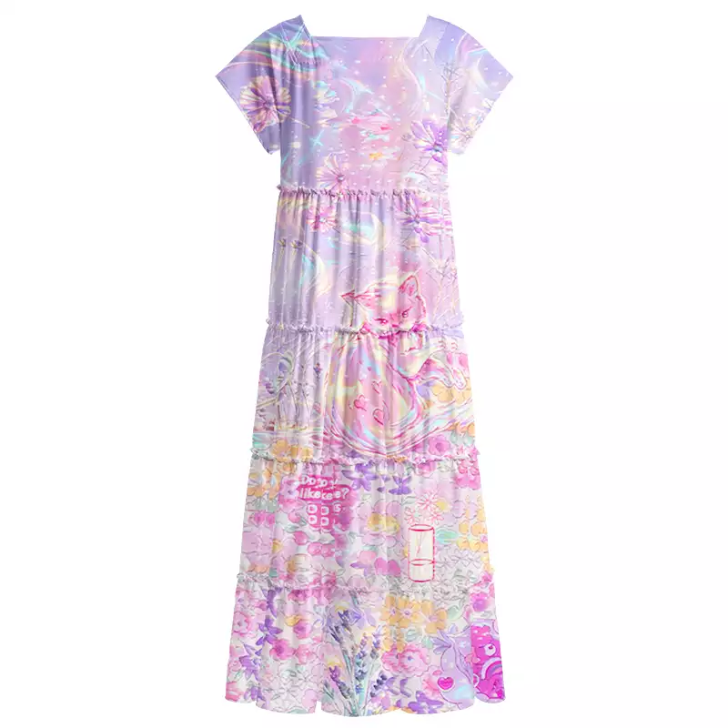 Soulisfree Iridescent Floral Fantasy Square Neck Maxi Dress