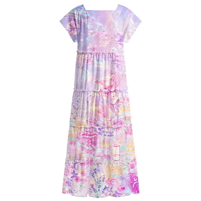Soulisfree Iridescent Floral Fantasy Square Neck Maxi Dress