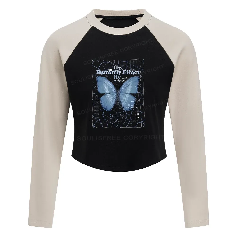 Designed Butterfly Effect Block Raglan Long Sleeve Crop Top