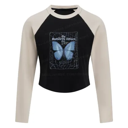 Butterfly Effect Block Raglan Long Sleeve Crop Top