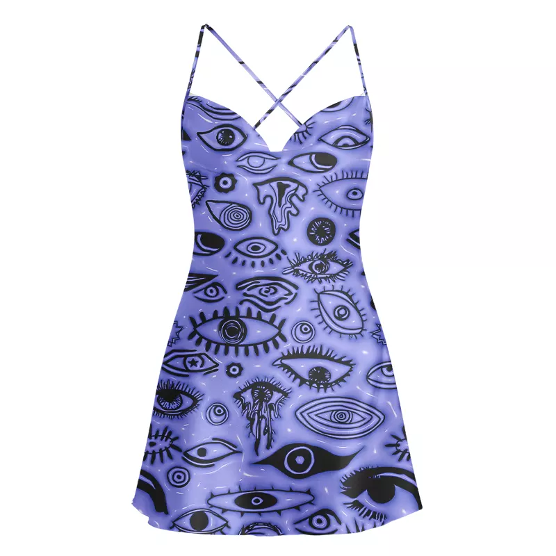 Soulisfree Mystic Eye Pattern Cowl Neck Satin Mini Dress