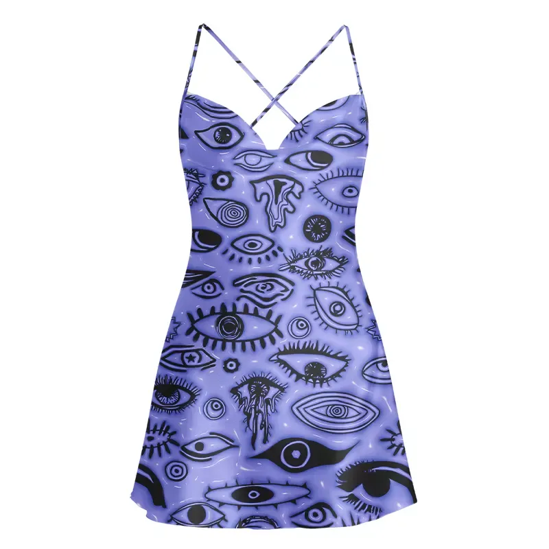 Soulisfree Mystic Eye Pattern Cowl Neck Satin Mini Dress