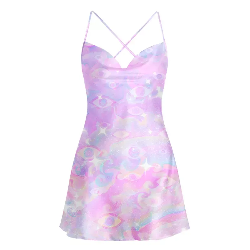 Soulisfree Aura Gradient Third Eye Cowl Neck Satin Mini Dress