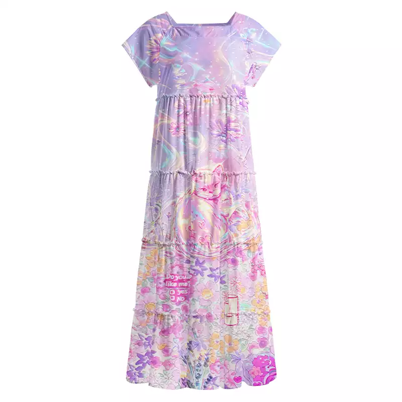 Soulisfree Iridescent Floral Fantasy Square Neck Maxi Dress